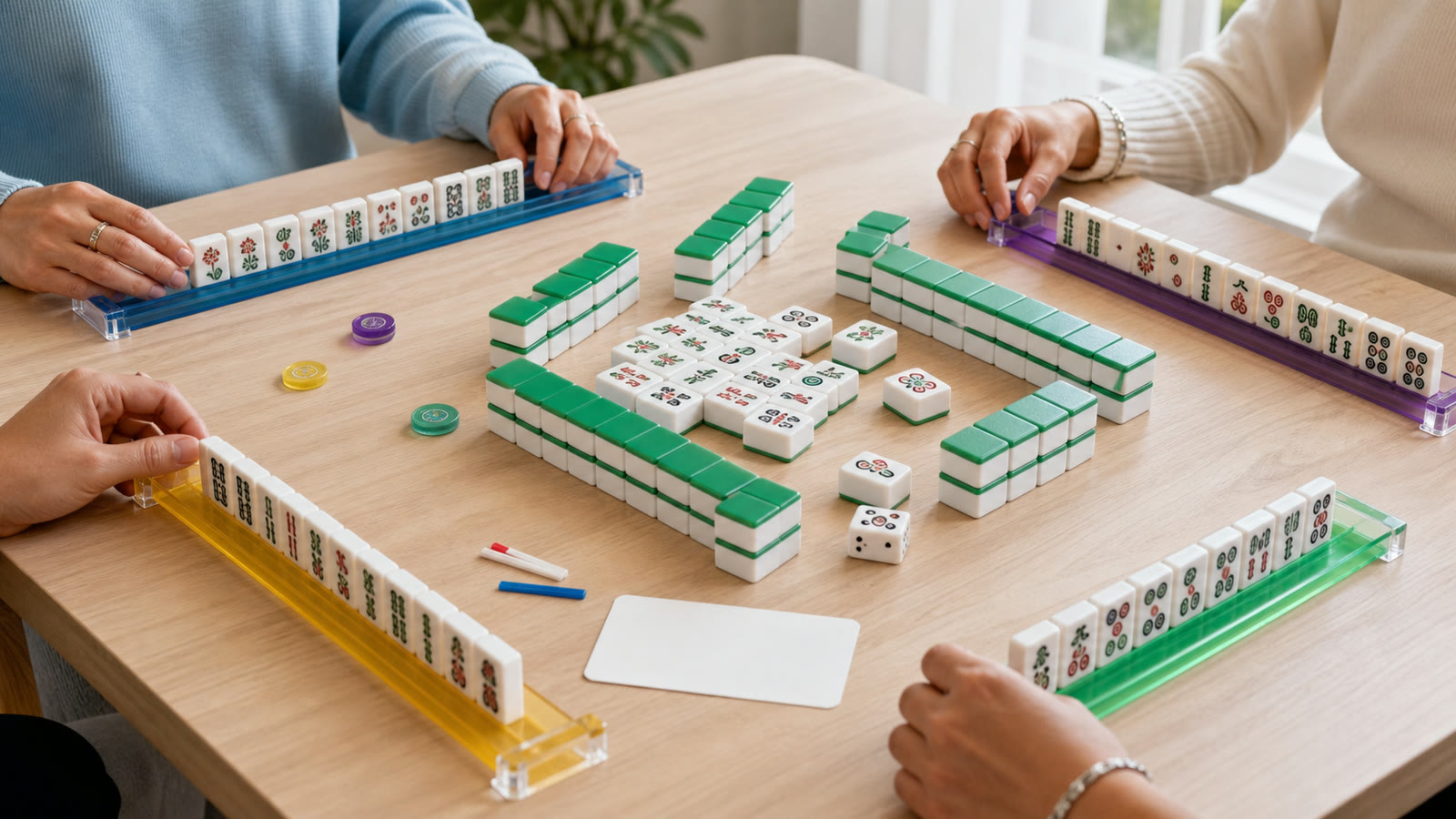 Original American-style Mahjong setup with racks and colorful tiles
