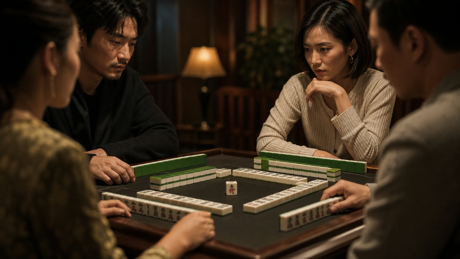 Original cinematic Mahjong scene with fictional players