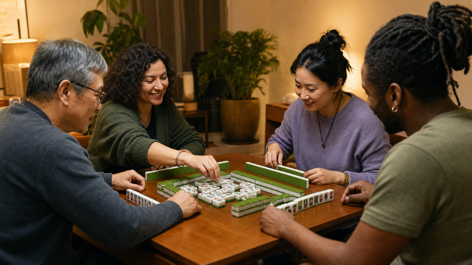 Original editorial scene of younger adults gathering around Mahjong